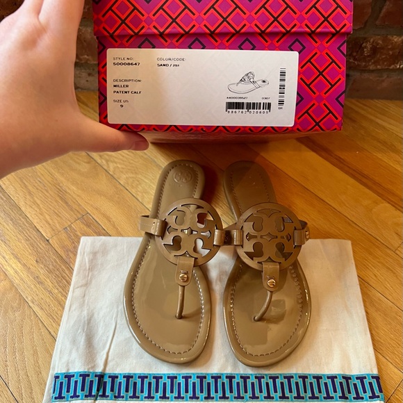Tory Burch Tan Patent Leather Miller Sandals - Picture 10 of 13